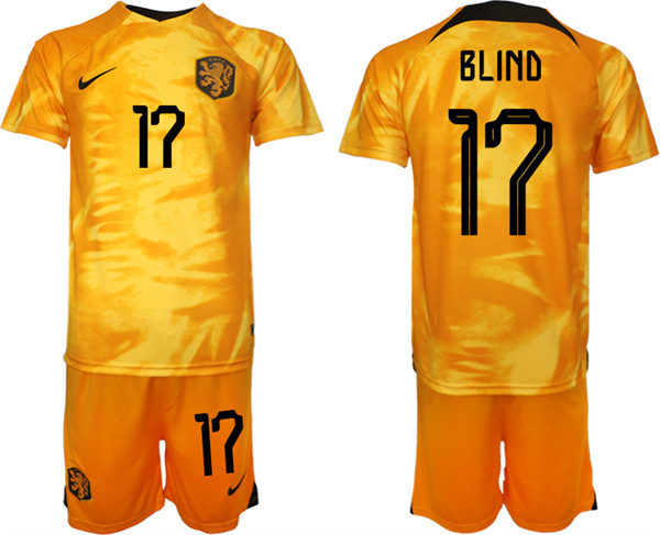 Men's Netherlands #17 Blind Orange Home Soccer Jersey Suit